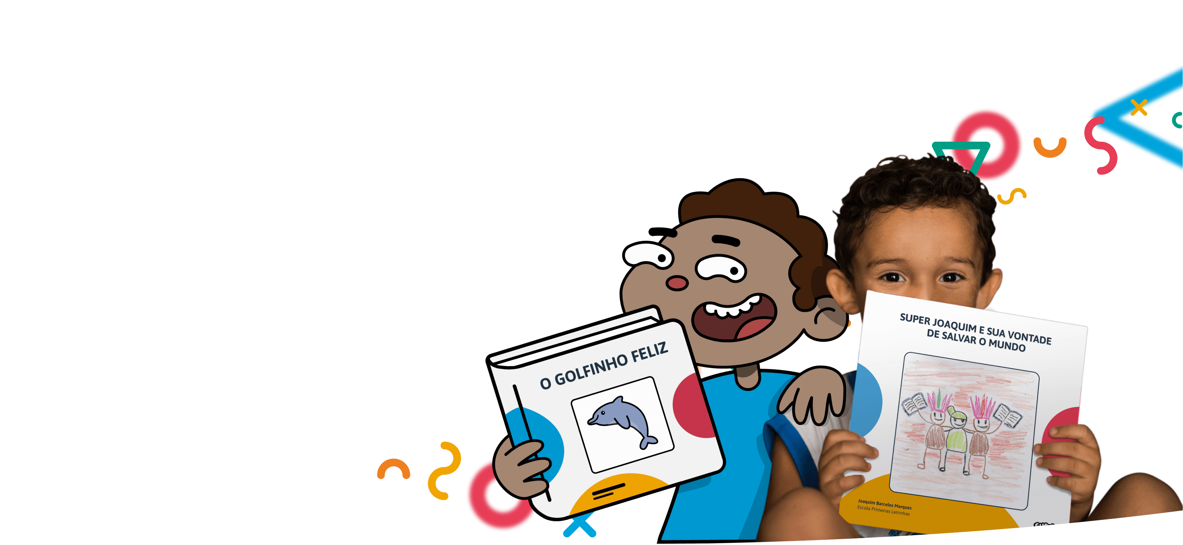 Ilustração de uma criança segurando um livro e outra criança real segurando outro livro de própria autoria.