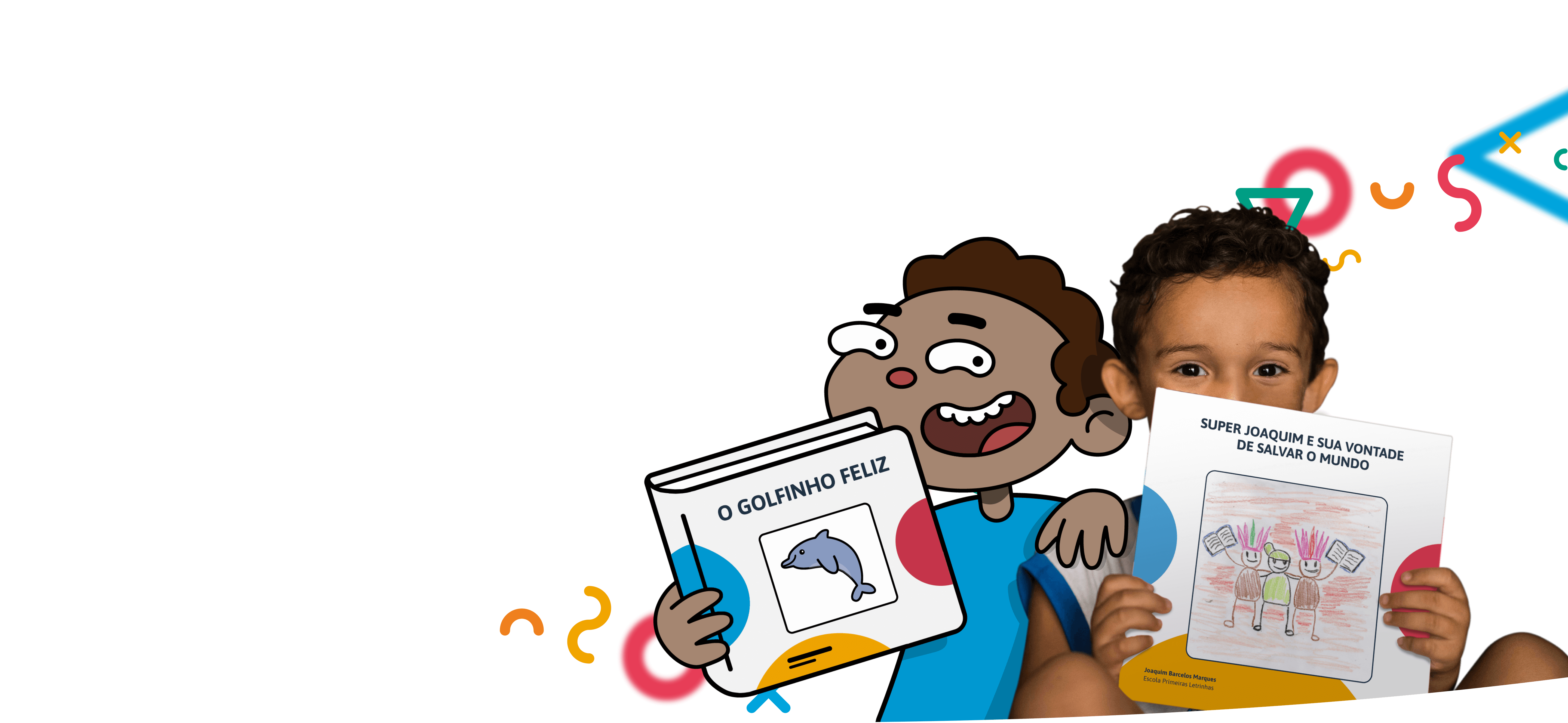 Ilustração de uma criança segurando um livro e outra criança real segurando outro livro de própria autoria.