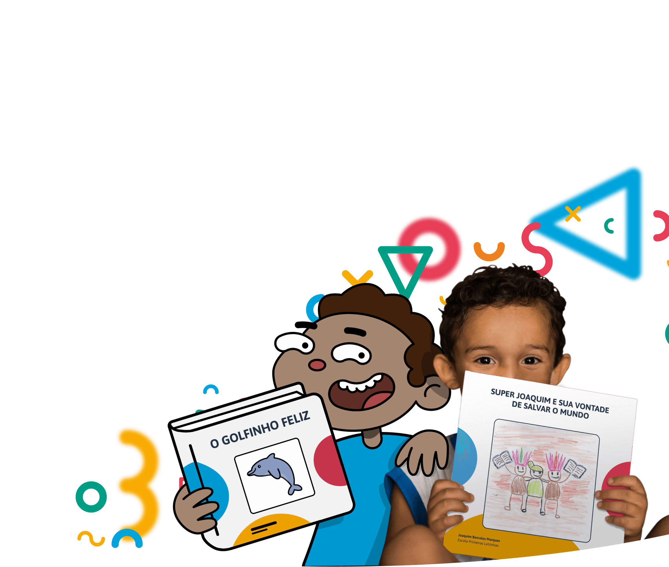 Ilustração de uma criança segurando um livro e outra criança real segurando outro livro de própria autoria.